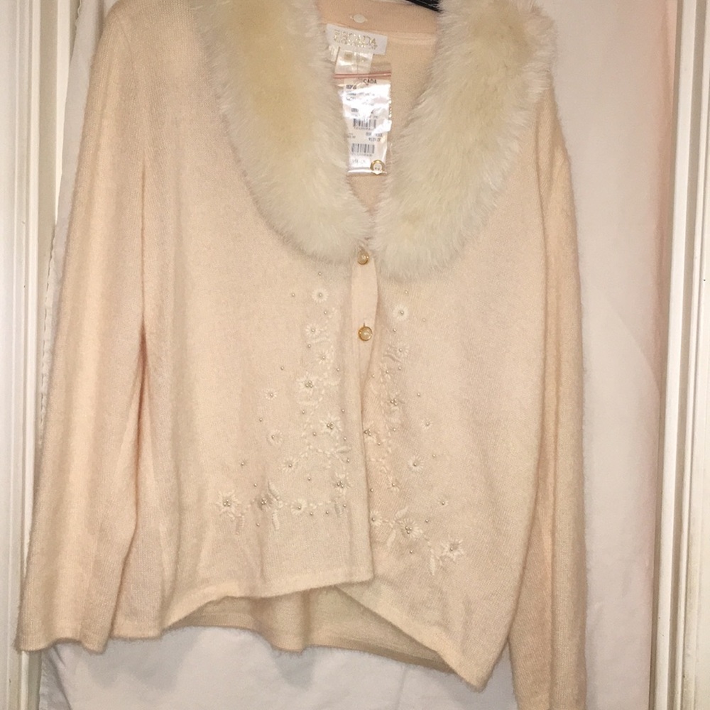 Escada white faux fur trim sweater